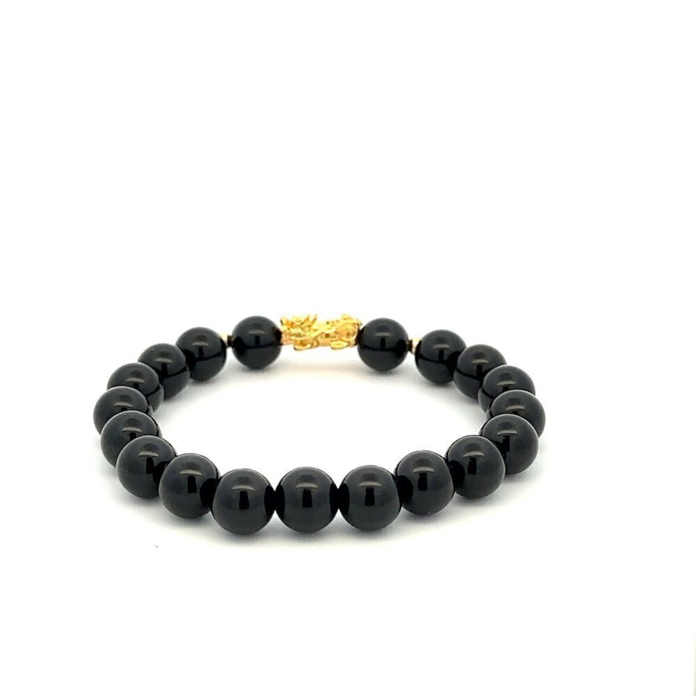 18K Gold Dragon Pixiu Piyao Lucky Charm Bead Bracelet Gemstone Black Onyx 8mm - Picture 4 of 9